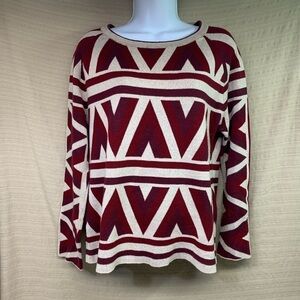 BOGO FATE Red Cream V Patterned Cotton Knit Sweater Pullover Round Neck Large